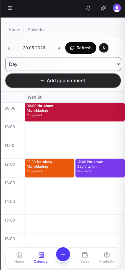 Velora mobile appointment screen