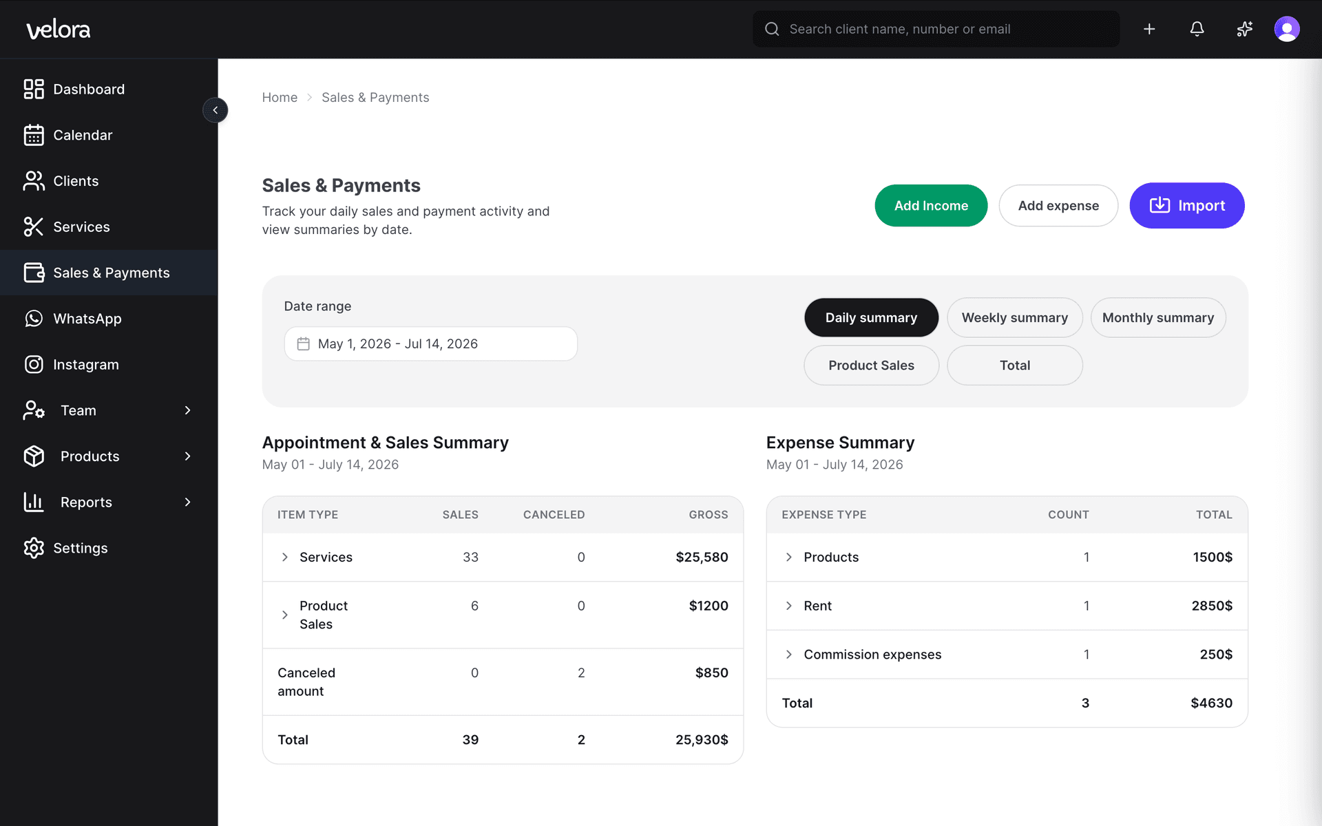 Velora cash register screen
