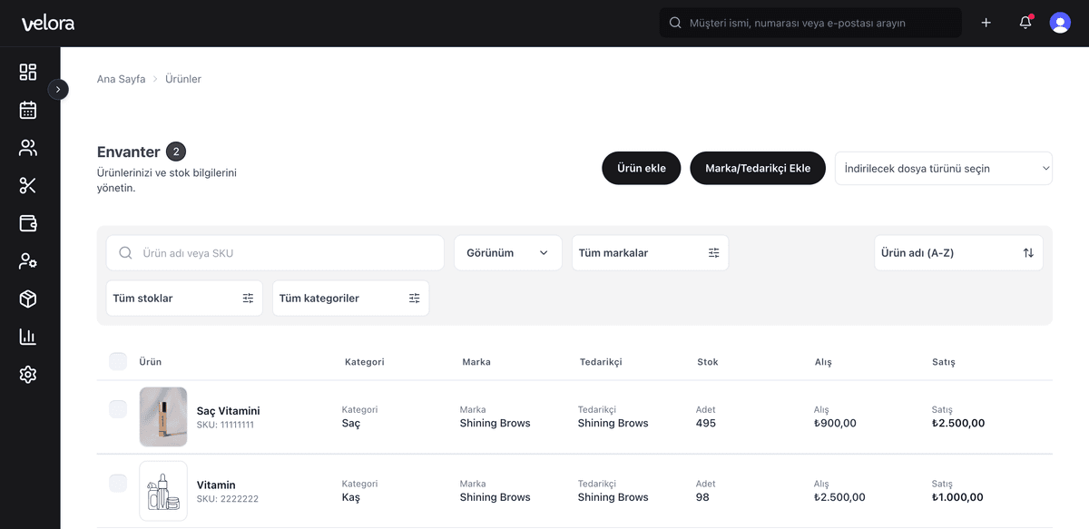 Velora ürünler ekranı